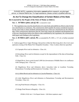 An Act to Change the Classification of Certain Waters of the State