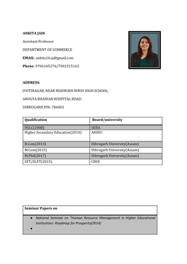 ANKITA JAIN Assistant Professor DEPARTMENT of COMMERCE