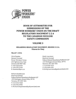 Book of Authorities for Submissions of the Power Workers'union on the Draft Regulatory Document 2.2.4 to the Canadian Nuclear Safety Commission