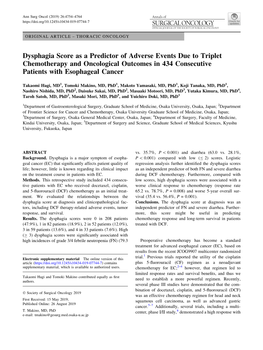 Dysphagia Score As a Predictor of Adverse Events Due to Triplet Chemotherapy and Oncological Outcomes in 434 Consecutive Patients with Esophageal Cancer