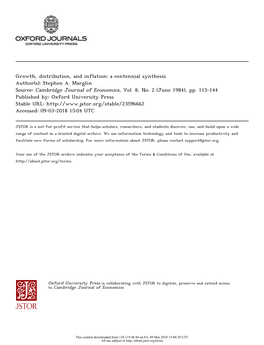 Growth, Distribution, and Inflation: a Centennial Synthesis Author(S): Stephen A