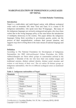 Marginalizatlon of INDIGENOUS LANGUAGES of NEPAL I