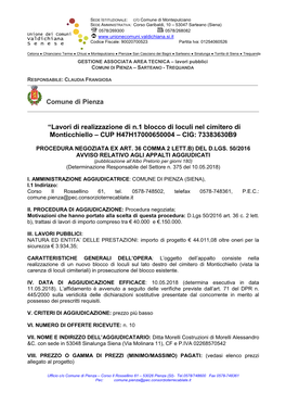 Comune Di Pienza “Lavori Di Realizzazione Di N.1 Blocco Di Loculi Nel Cimitero Di Monticchiello – CUP H47H17000650004 – CI