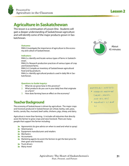 Agriculture in Saskatchewan This Lesson Is a Continuation of Lesson One