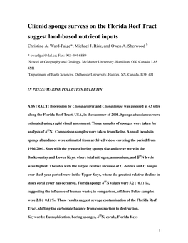 Clionid Sponge Surveys on the Florida Reef Tract Suggest Land-Based Nutrient Inputs Christine A