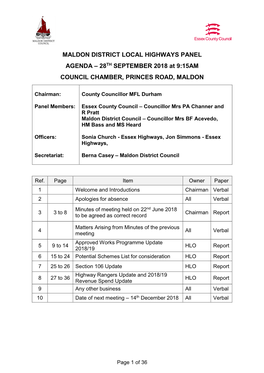 MALDON DISTRICT LOCAL HIGHWAYS PANEL AGENDA – 28TH SEPTEMBER 2018 at 9:15AM COUNCIL CHAMBER, PRINCES ROAD, MALDON