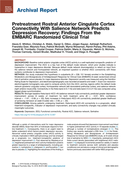 Pretreatment Rostral Anterior Cingulate Cortex Connectivity with Salience Network Predicts Depression Recovery: Findings from the EMBARC Randomized Clinical Trial