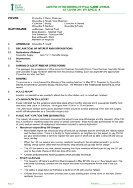 Minutes of the Meeting of Styal Parish Council at 7.30 Pm on 11Th June 2018