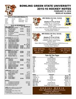 Bowling Green STATE UNIVERSITY 2015-16 HOCKEY NOTES FEBRUARY 12, 2016 BGSU at ALASKA