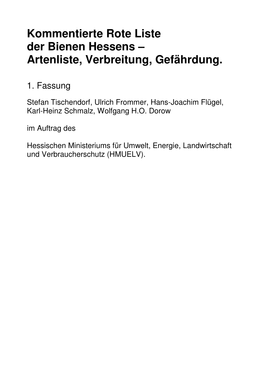 Kommentierte Rote Liste Der Bienen Hessens – Artenliste, Verbreitung, Gefährdung