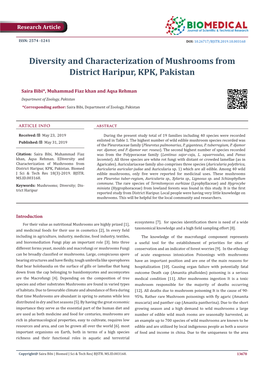 Diversity and Characterization of Mushrooms from District Haripur, KPK, Pakistan