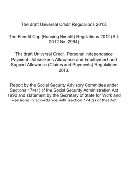 The Draft Universal Credit Regulations 2013. the Benefit