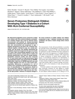 Serum Proteomes Distinguish Children Developing Type 1 Diabetes in a Cohort with HLA-Conferred Susceptibility