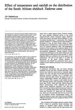 Effect of Temperature and Rainfall on the Distribution of the South African Shelduck Tadoma Cana