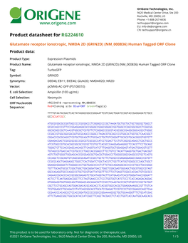 Glutamate Receptor Ionotropic, NMDA 2D (GRIN2D) (NM 000836) Human Tagged ORF Clone Product Data