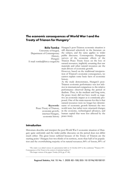 The Economic Consequences of World War I and the Treaty of Trianon for Hungary*