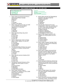 Daily Current Affair Quiz – 21.06.2019 to 23.06.2019