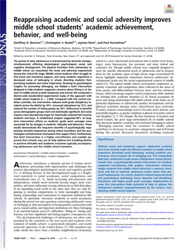 Reappraising Academic and Social Adversity Improves Middle School Students' Academic Achievement, Behavior, and Well-Being