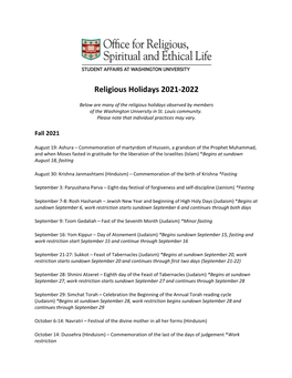 Religious Holidays 2021-2022