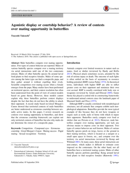 Agonistic Display Or Courtship Behavior? a Review of Contests Over Mating Opportunity in Butterﬂies