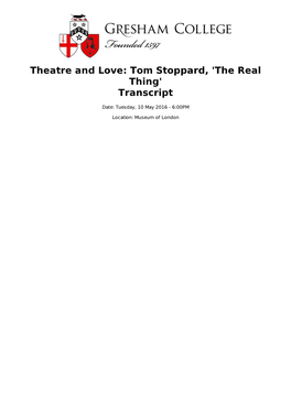 Theatre and Love: Tom Stoppard, 'The Real Thing' Transcript