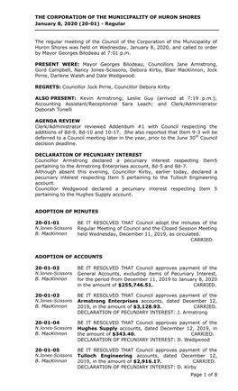 THE CORPORATION of the MUNICIPALITY of HURON SHORES January 8, 2020 (20-01) - Regular