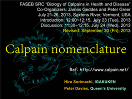 FASEB SRC “Biology of Calpains in Health and Disease” Co-Organizers: James Geddes and Peter Greer July 21-26, 2013, Saxtons