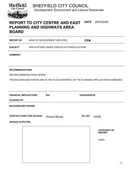 Report to City Centre and East Planning and Highways Area Board