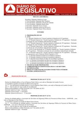 Diário Do Legislativo, Na Edição Do Dia 03 De Outubro, E Poderá Ser Acessada Pelo Portal Da Assembleia Legislativa