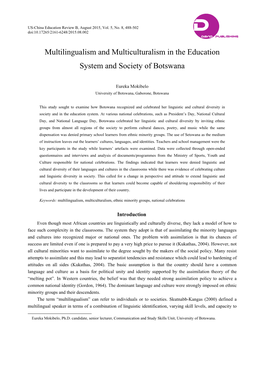 Multilingualism and Multiculturalism in the Education System and Society of Botswana