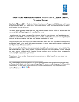 UNDP Salutes Nobel Laureates Ellen Johnson Sirleaf, Leymah Gbowee, Tawakkul Karman