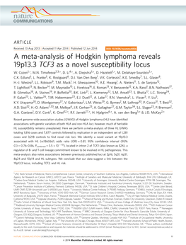 A Meta-Analysis of Hodgkin Lymphoma Reveals 19P13.3 TCF3 As a Novel Susceptibility Locus W