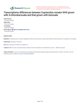 Transcriptome Differences Between Cupriavidus Necator NH9 Grown with 3-Chlorobenzoate and That Grown with Benzoate