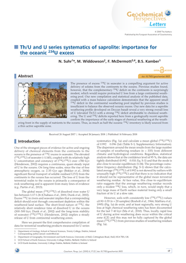 Th/U and U Series Systematics of Saprolite: Importance for the Oceanic 234U Excess