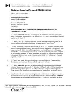 Décision De Radiodiffusion CRTC 2003-538