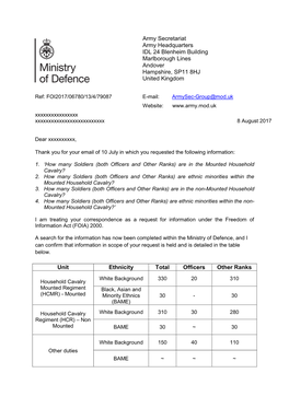 Information on Ethnicity of Officers and Other Ranks in Both Mounted And