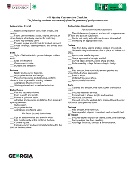 4-H Quality Construction Checklist the Following Standards Are Commonly Found in Garments of Quality Construction