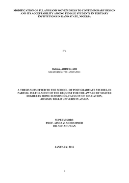 Modification of Fulani Hand Woven Dress to Contemporary Design and Its Acceptability Among Female Students in Tertiary Institutions in Kano State, Nigeria