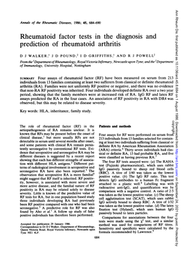 Rheumatoid Factor Tests in the Diagnosis and Prediction of Rheumatoid Arthritis