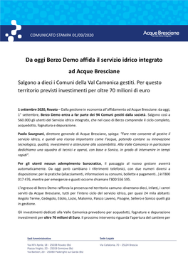 Da Oggi Berzo Demo Affida Il Servizio Idrico Integrato Ad Acque Bresciane Salgono a Dieci I Comuni Della Val Camonica Gestiti