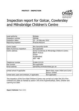 Inspection Report for Golcar, Cowlersley and Milnsbridge Children's Centre