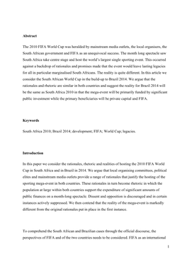 1 Abstract the 2010 FIFA World Cup Was Heralded by Mainstream Media