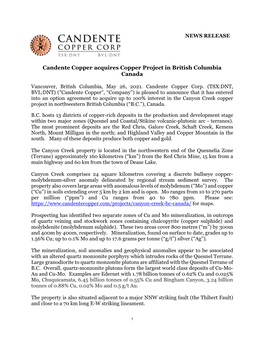 Candente Copper Acquires Copper Project in British Columbia Canada