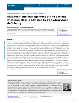 Diagnosis and Management of the Patient with Non-Classic CAH Due to 21-Hydroxylase Deficiency