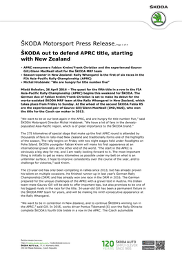 ŠKODA Motorsport Press Release, Page 1 of 4