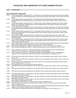 Pathology and Laboratory Cpt Code Changes for 2018