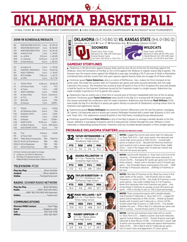 OKLAHOMA BASKETBALL 3 FINAL FOURS U 4 BIG 12 TOURNAMENT CHAMPIONSHIPS U 6 BIG 12 REGULAR SEASON CHAMPIONSHIPS U 19 STRAIGHT NCAA TOURNAMENTS