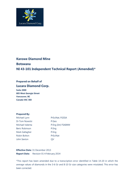 Karowe Diamond Mine Botswana NI 43-101 Independent Technical Report (Amended)*