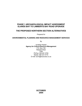 Phase 1 Archaeological Impact Assessment Elands Bay to Lamberts Bay Road Upgrade