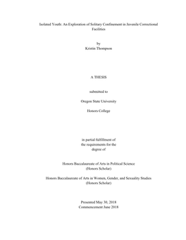 Isolated Youth: an Exploration of Solitary Confinement in Juvenile Correctional Facilities